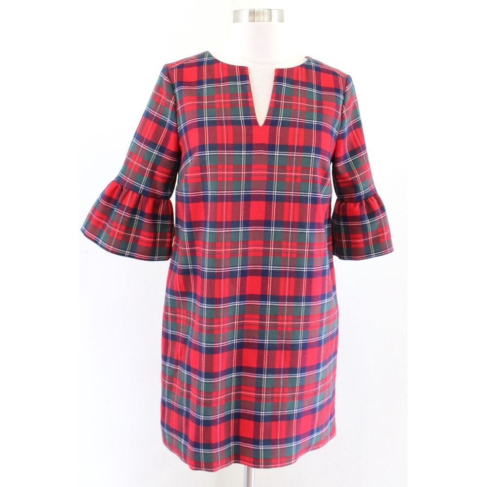 Vineyard Vines Red Merry Plaid Bell Sleeve Greenwich Shift Dress Size 0 Holiday